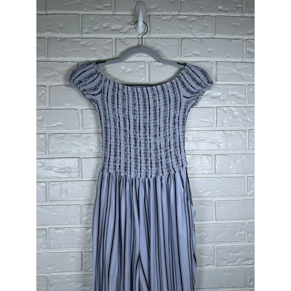 Justify L Smocked Off Shoulder Striped Jumpsuit Blue White Wide Leg Boho‎